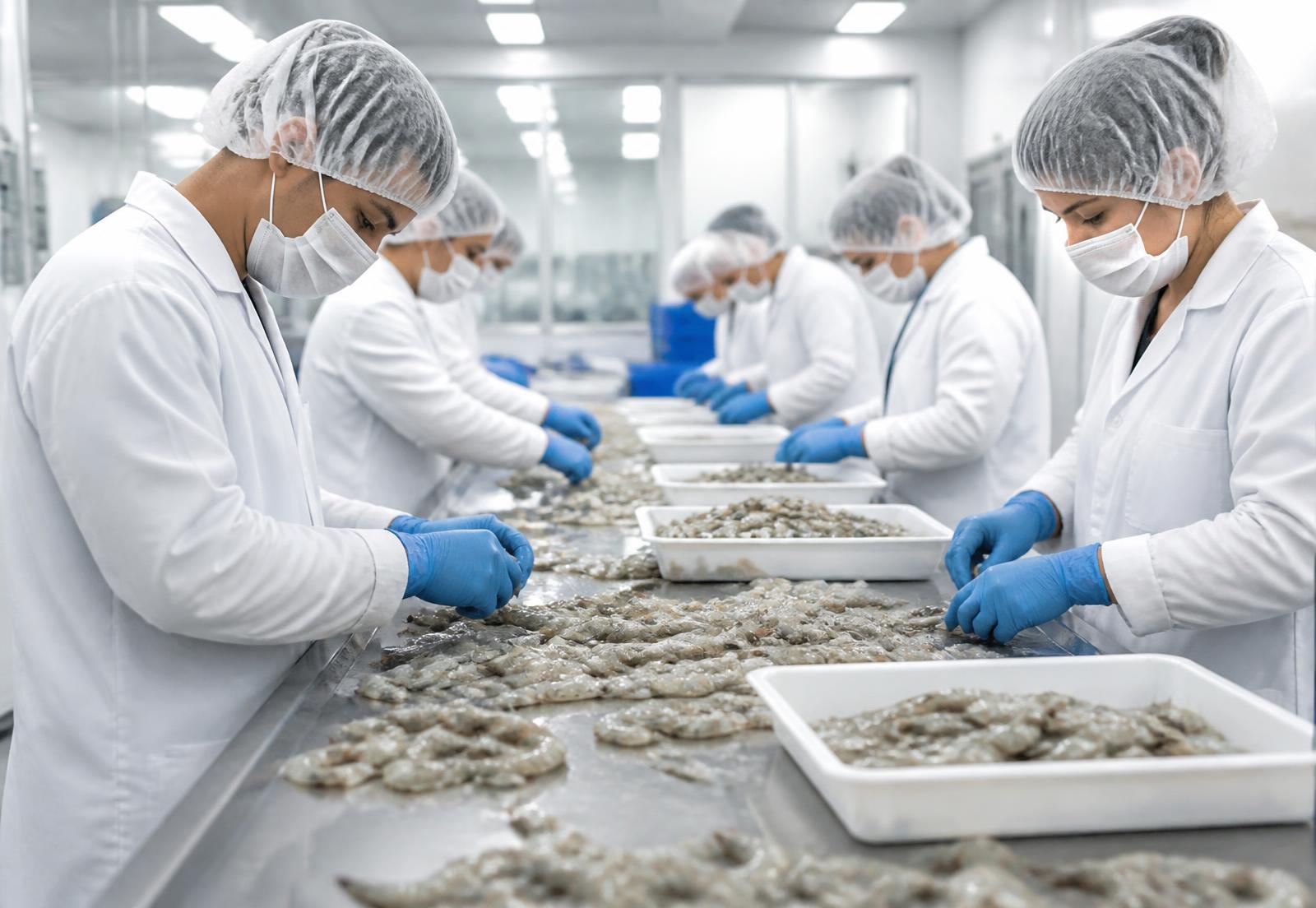 Seafood processing workers in hygiene uniforms grading and packing shrimp
